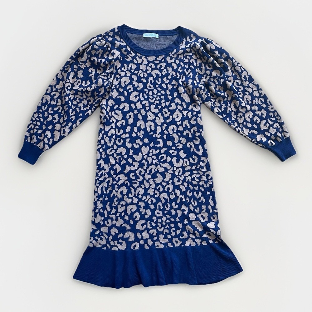 Blue Orchid Small Leopard Print Ruffle Hem Stretch Sweater Dress Blue/ Tan Work